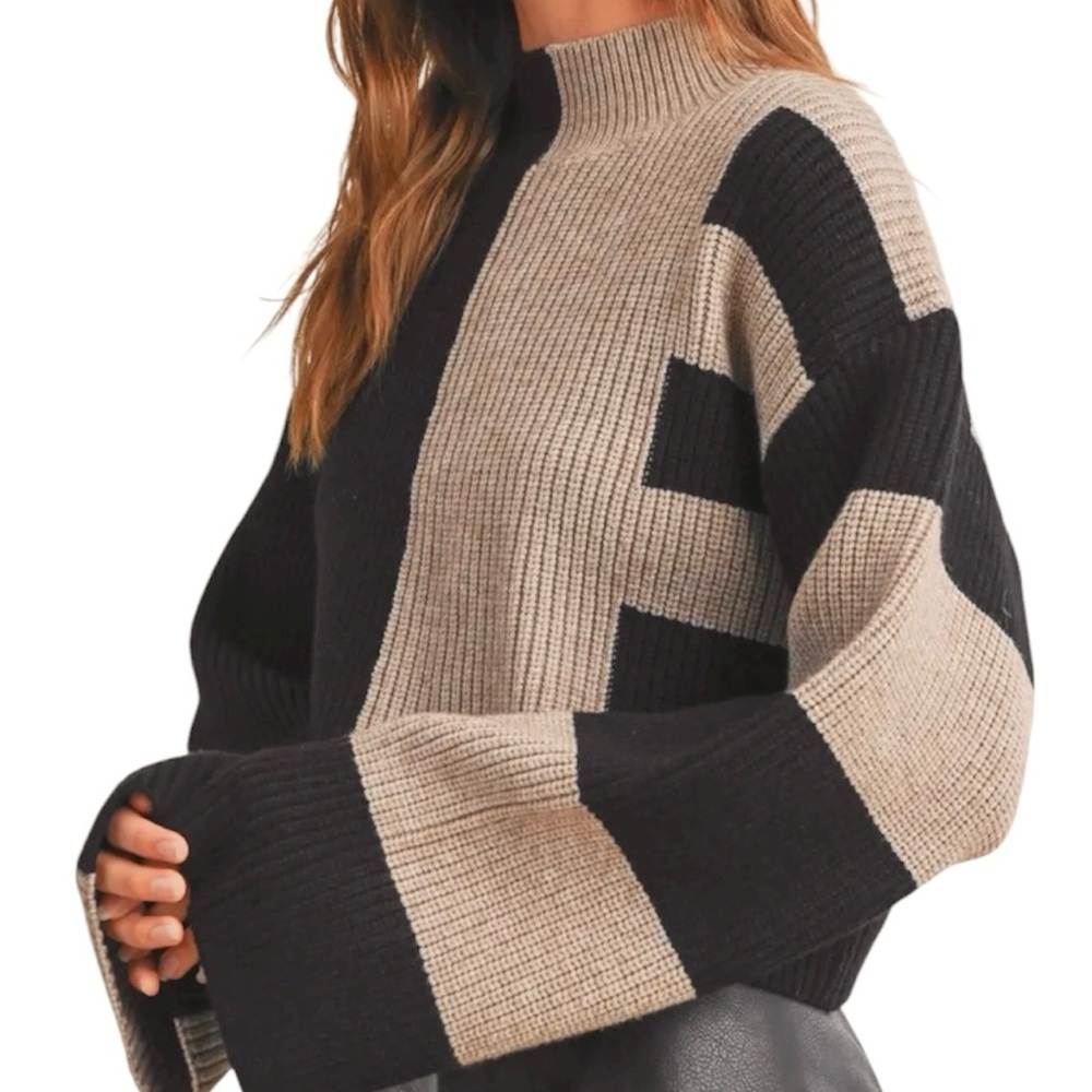 Buttermelon Color Block Mock Turtleneck Sweater, Black and Oat, Sz. S - Picture 2 of 10